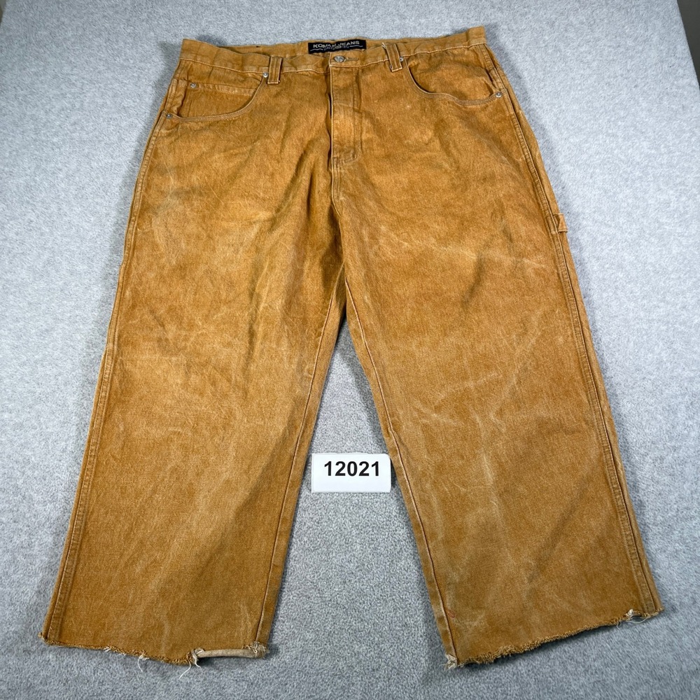 Vintage Koman Jeans Carpenter Pants Brown Denim Wide Leg Frayed Hem Mens 42x32